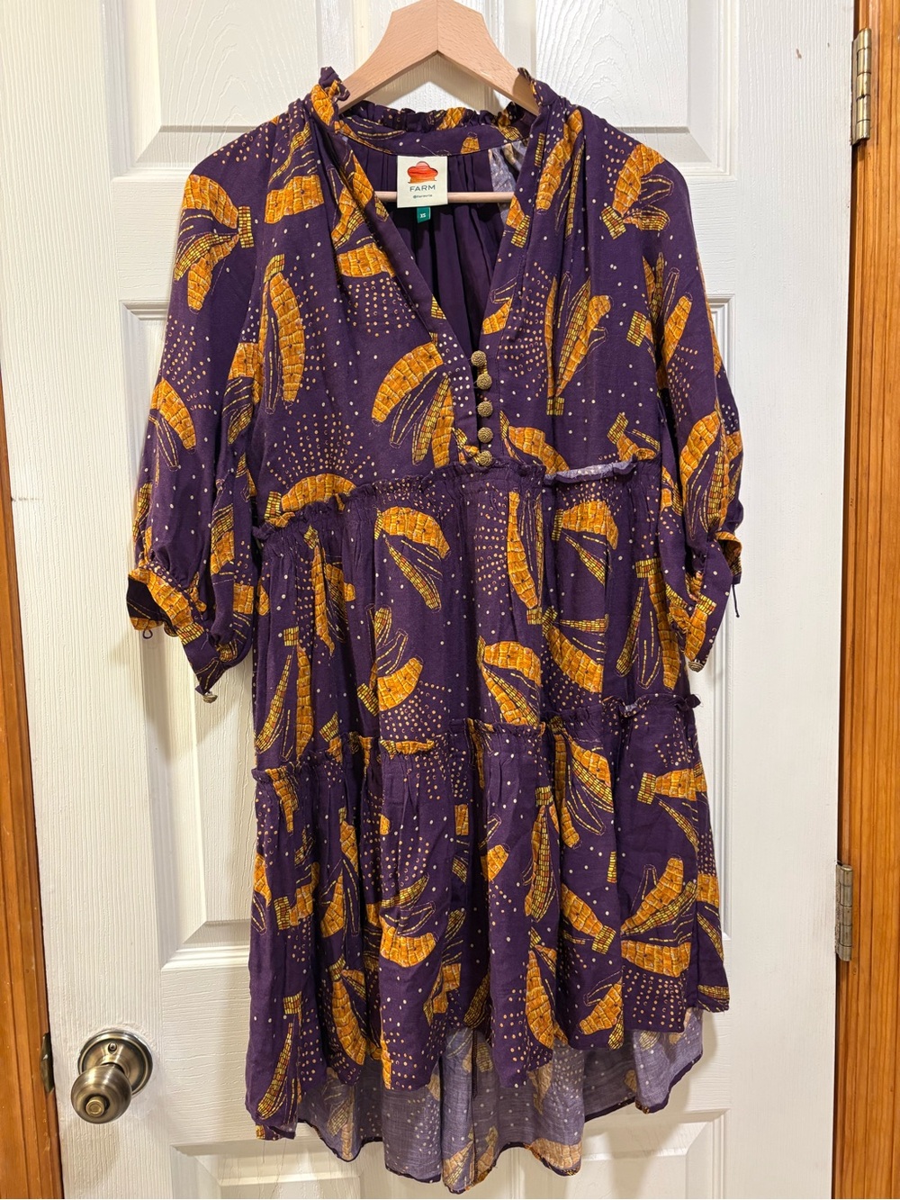 FARM Rio XS Purple Orange Banana Print Tiered Mini Dress Boho Resort